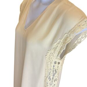 Pale Yellow Cream V-Neck Blouse Crochet Lace Cap Sleeve Top Silky Soft